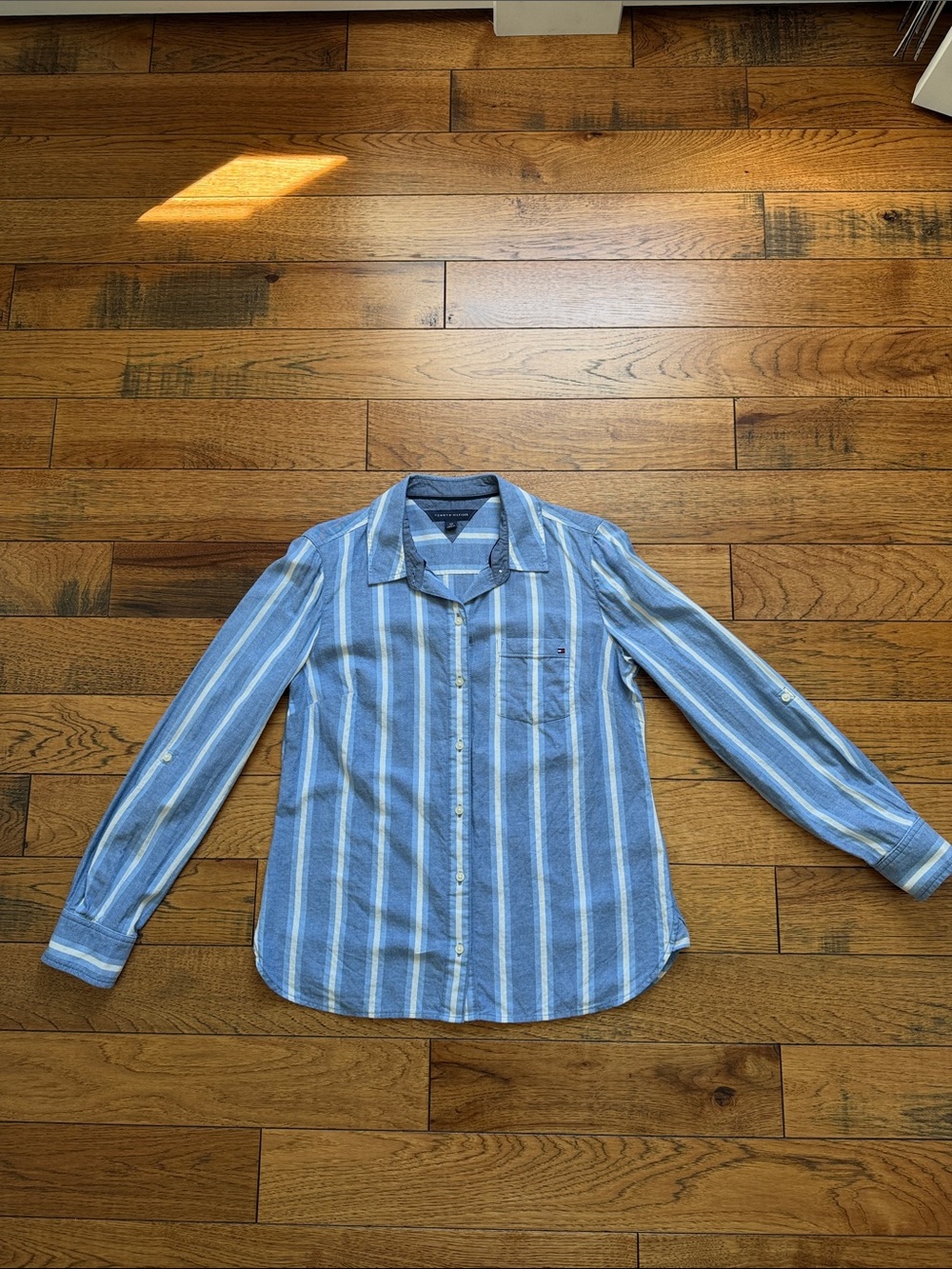 Tommy Hilfiger Light Blue and White Vertical Stripe Button-Down Shirt